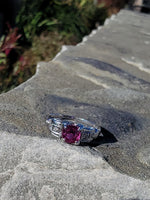 18k white gold diamond & pink sapphire c.1920's filigree ring