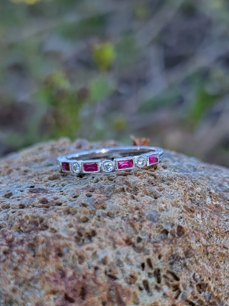 14k white gold diamond & ruby stackable wedding band