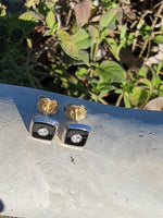 14k gold two tone Deco black onyx & diamond earrings studs