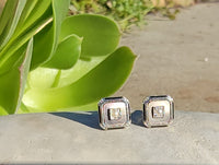14k gold two tone Deco pearl, enamel & mother of pearl earrings studs