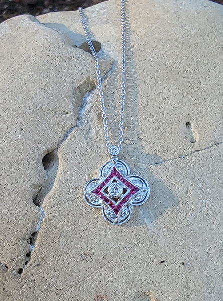 14k gold white gold ruby & diamond DECO style necklace pendant