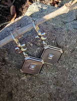 14k gold two tone Deco pearl, enamel & mother of pearl earring fleur-de-lis lever back earrings