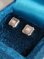 14k gold two tone Deco pearl, enamel & mother of pearl earrings studs