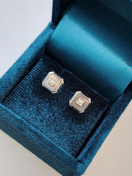 14k gold two tone Deco pearl, enamel & mother of pearl earrings studs