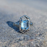 14k white gold c.1920's filigree Aquamarine ring
