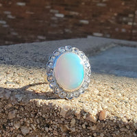 18k gold two tone opal & rose cut diamond antique ring