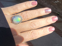18k gold two tone opal & rose cut diamond antique ring