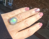 18k gold two tone opal & rose cut diamond antique ring