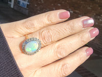 18k gold two tone opal & rose cut diamond antique ring