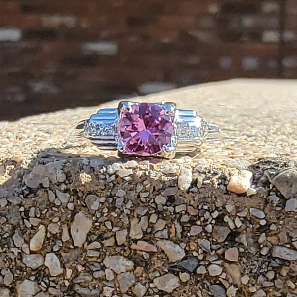 18k white gold pink sapphire & diamond estate Deco ring