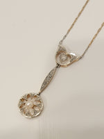 Platinum & 14k gold Edwardian pearl & diamond pendant necklace lavaliere