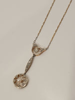 Platinum & 14k gold Edwardian pearl & diamond pendant necklace lavaliere