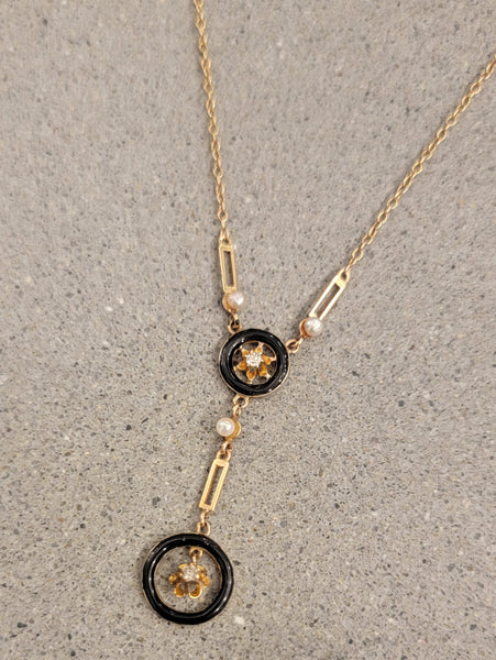 10k-14k gold enamel, diamond & pearl necklace pendant lavaliere