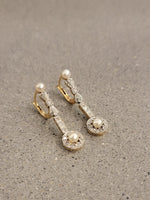 Platinum & 18k gold two tone diamond & pearl antique dangle "bow" earrings
