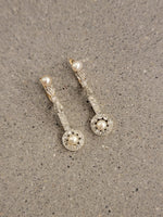 Platinum & 18k gold two tone diamond & pearl antique dangle "bow" earrings