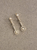 Platinum & 18k gold two tone diamond & pearl antique dangle "bow" earrings