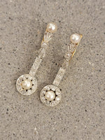 Platinum & 18k gold two tone diamond & pearl antique dangle "bow" earrings