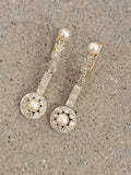 Platinum & 18k gold two tone diamond & pearl antique dangle "bow" earrings