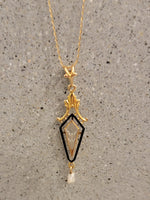 10k gold enamel, camphor & pearl necklace pendant lavaliere