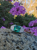 platinum top & 14k white Art Deco emerald & diamond estate vintage antique ring