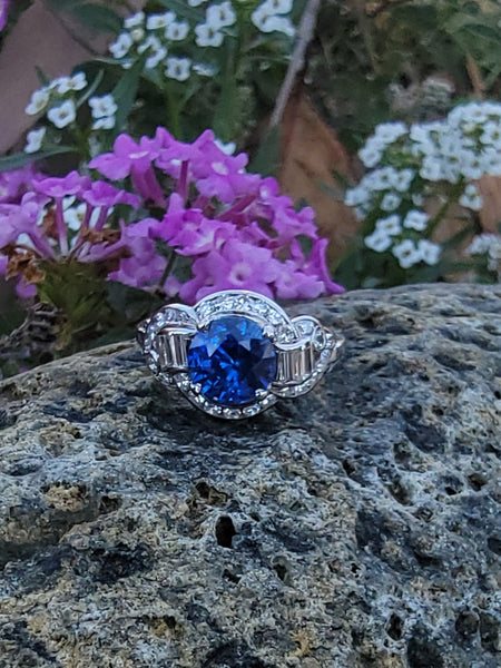 platinum Retro estate blue sapphire & diamond ring