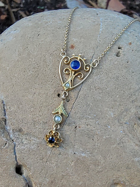 10k gold Deco pearl & blue stone vintage necklace pendant lavaliere