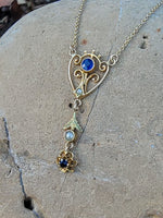 10k gold Deco pearl & blue stone vintage necklace pendant lavaliere