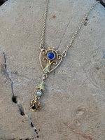 10k gold Deco pearl & blue stone vintage necklace pendant lavaliere