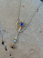 10k gold Deco pearl & blue stone vintage necklace pendant lavaliere