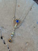 10k gold Deco pearl & blue stone vintage necklace pendant lavaliere