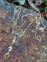 10k gold Deco pearl & blue stone vintage necklace pendant lavaliere