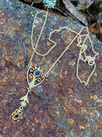 10k gold Deco pearl & blue stone vintage necklace pendant lavaliere