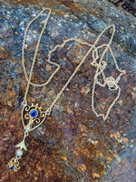 10k gold Deco pearl & blue stone vintage necklace pendant lavaliere