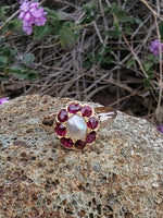 15ct  gold Victorian halo Ruby & Pearl ring