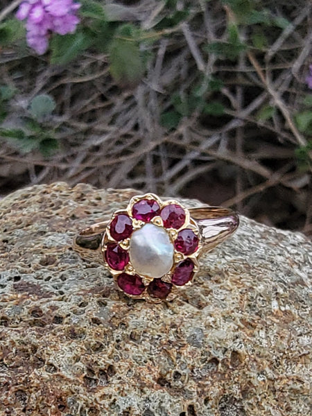 15ct  gold Victorian halo Ruby & Pearl ring
