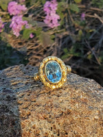 14k gold Edwardian flower floral oval aquamarine ring