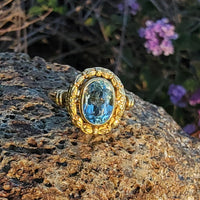 14k gold Edwardian flower floral oval aquamarine ring