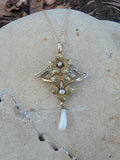 14k gold Victorian seed pearl floral drop necklace pendant lavaliere