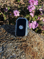 14k white gold vintage filigree Deco black ONYX & diamond Ring