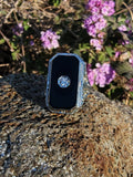 14k white gold vintage filigree Deco black ONYX & diamond Ring