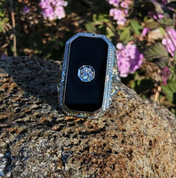 14k white gold vintage filigree Deco black ONYX & diamond Ring
