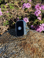 14k white gold vintage filigree Deco black ONYX & diamond Ring
