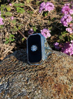 14k white gold vintage filigree Deco black ONYX & diamond Ring