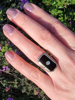14k white gold vintage filigree Deco black ONYX & diamond Ring