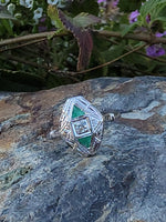 14k white gold Emerald & Diamond estate Art Deco vintage antique ring