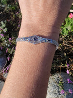 10k white gold c.1920's Deco filigree diamond & blue sapphire bracelet