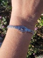 10k white gold c.1920's Deco filigree diamond & blue sapphire bracelet
