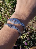10k white gold c.1920's Deco filigree diamond & blue sapphire bracelet