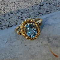 14k gold Edwardian flower floral oval aquamarine ring