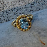 14k gold Edwardian flower floral oval aquamarine ring